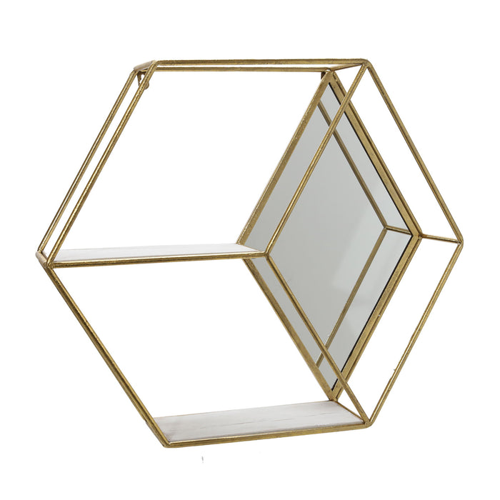 Metal/Wood Hexagon Mirrored Wall Shelf 20" - Gold