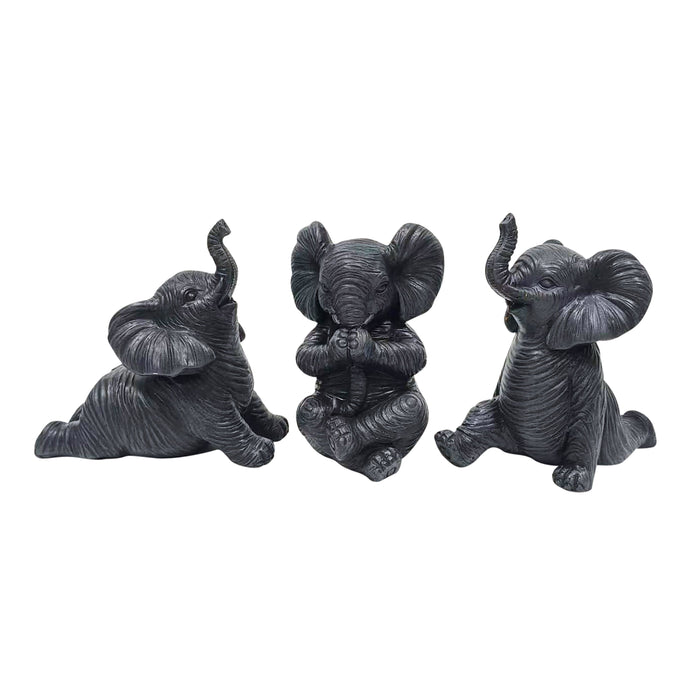 Resin Stone Look Yoga Elephant 6" (Set of 3) - Antique Black