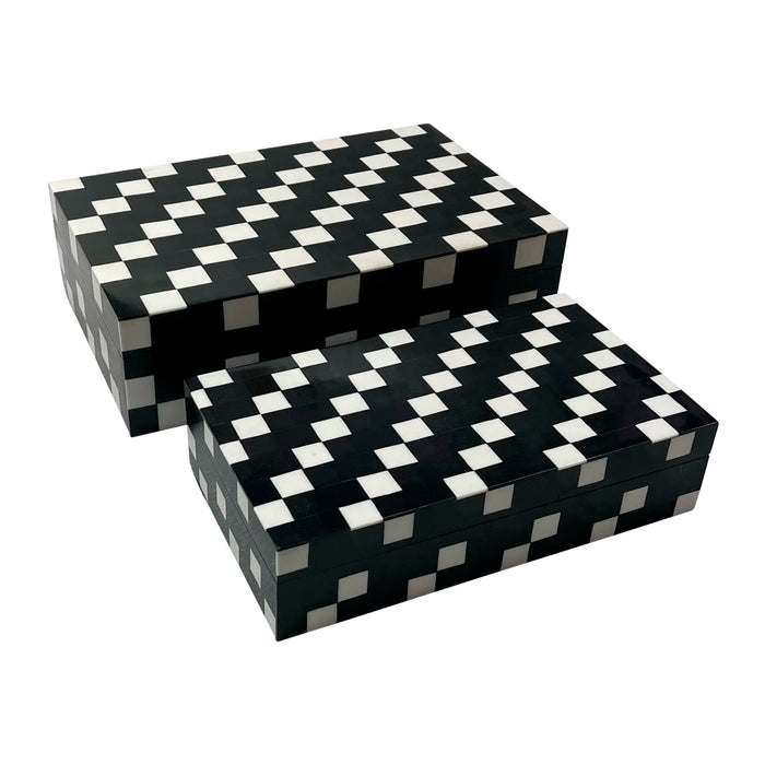 Resin (Set of 2) 10/12" Diagonal Square Boxes - White/Black