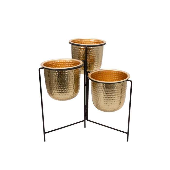 Hammered Planters With Stand (Set of 3) - Gold
