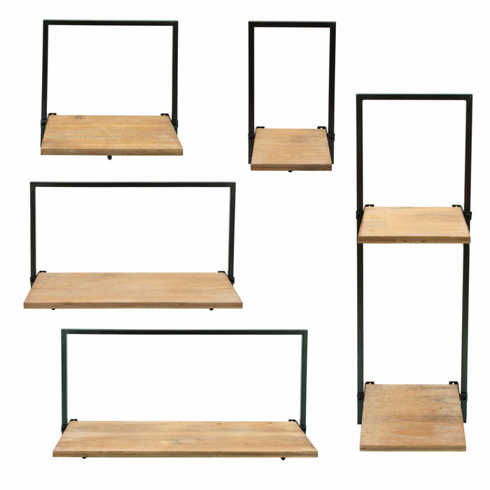 Wood / Metal Wall Shelves (Set of 5) - Light Brown