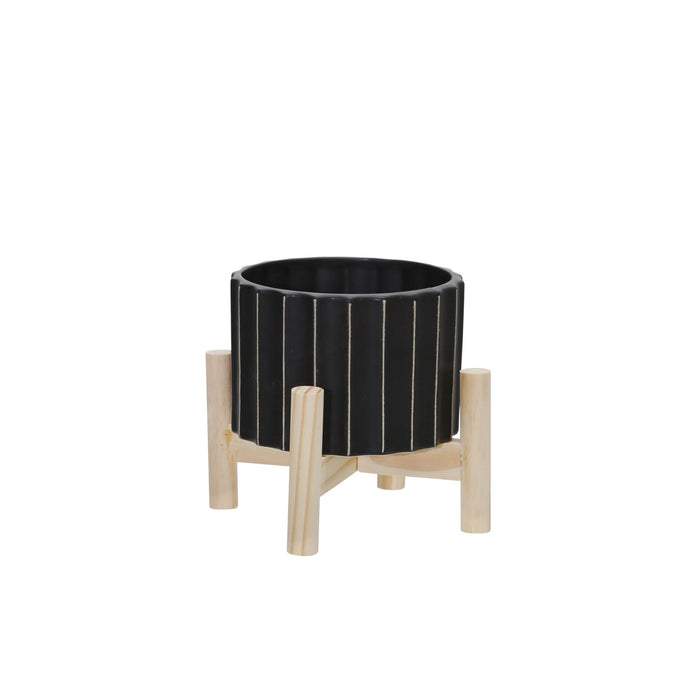 Ceramic Fluted Planter With Wood Stand 6" - Black