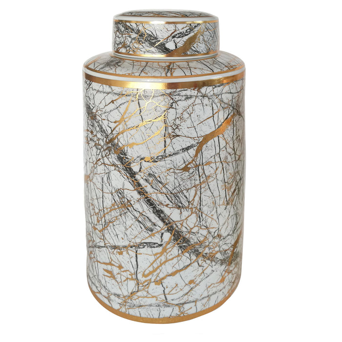 Ceramic Jar With Gold Lid 16" - White