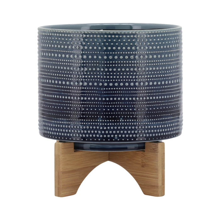 Dotted Planter With Wood Stand 8" - Blue