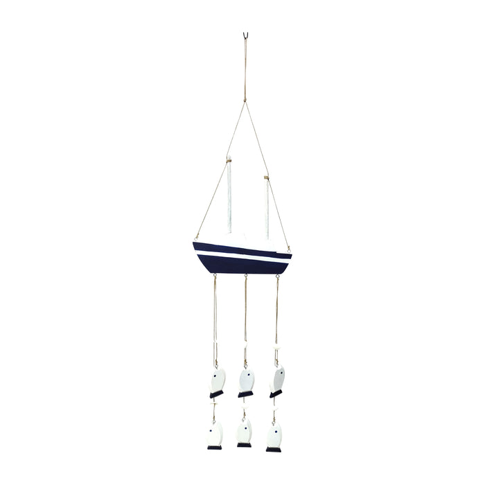 Wood 39" Sailboat With Hanging Fish - Multi