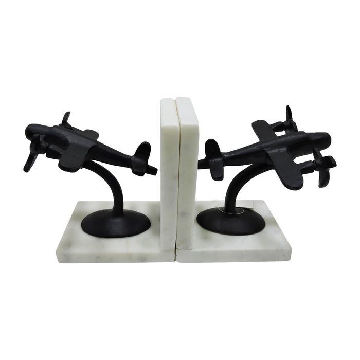 Metal 6" Airplane Bookends On Marble (Set of 2) - Black/White