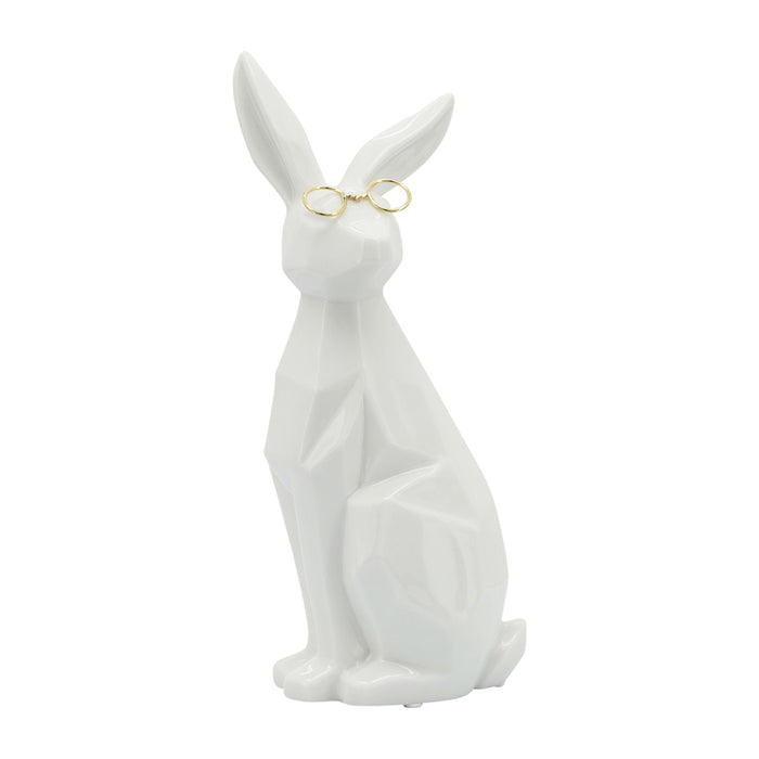 Ceramic 11" Sideview Bunny With Glasses - White/Gold