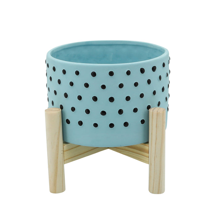 Dotted Planter With Wood Stand 6" - Blue