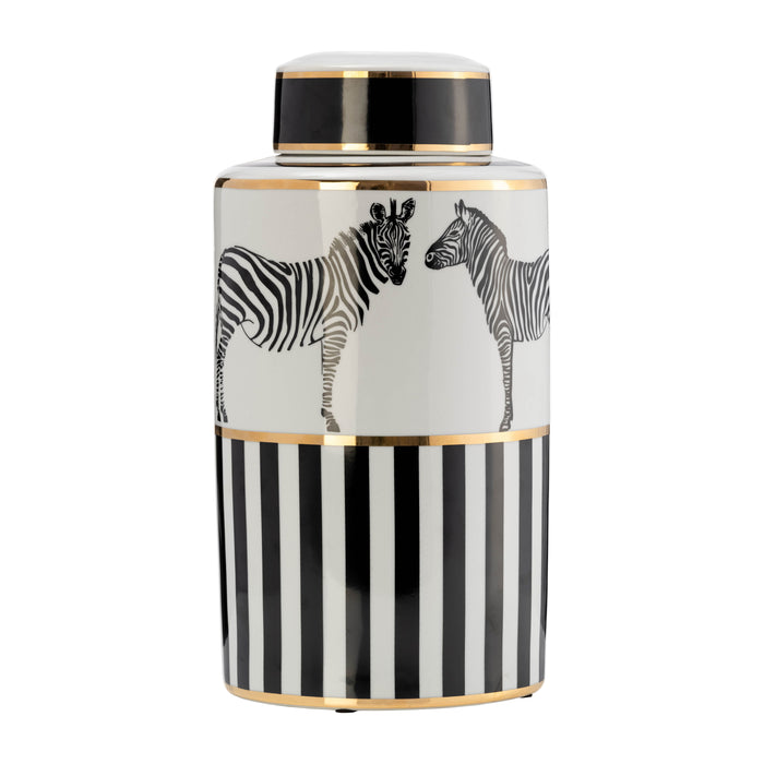 Cer Zebra Jar With Lid 16" - White / Gold