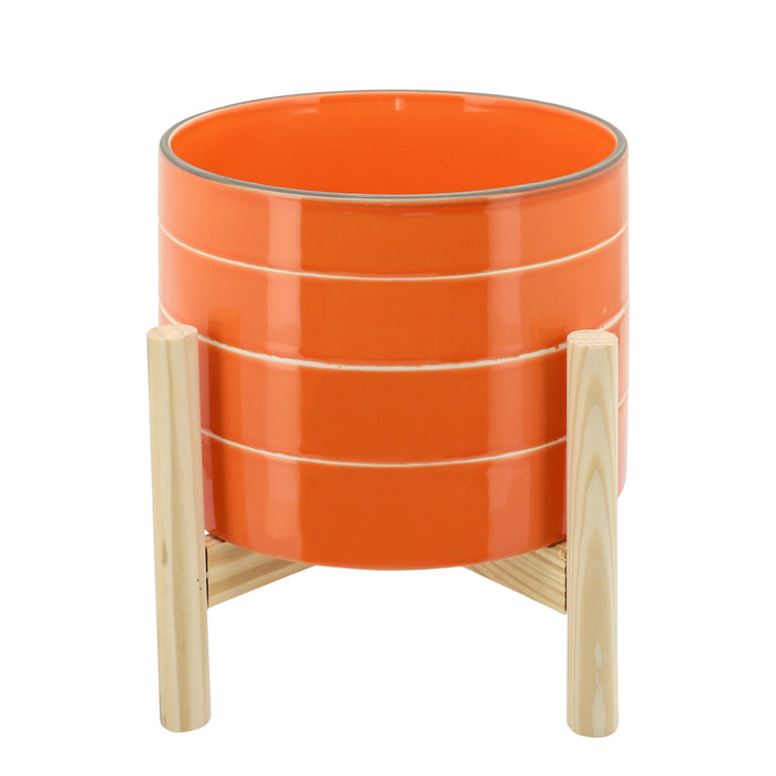Striped Planter With Wood Stand 8" - Orange