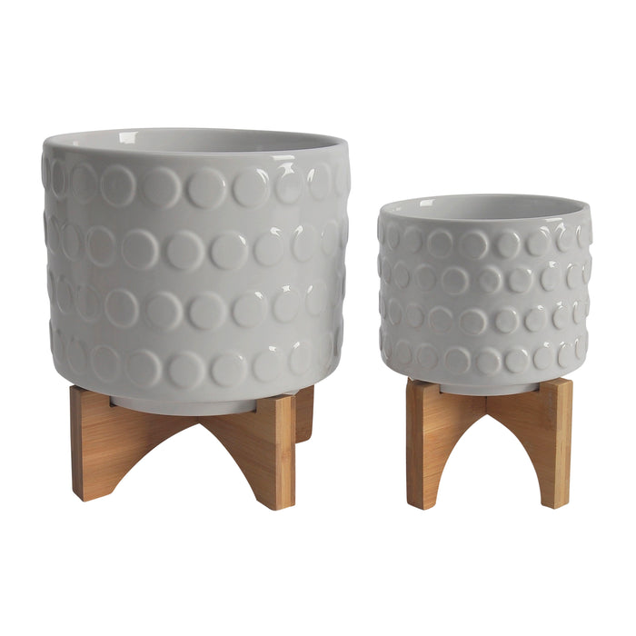 Ceramic Planter On Wooden Stand 5 / 8" (Set of 2) - White