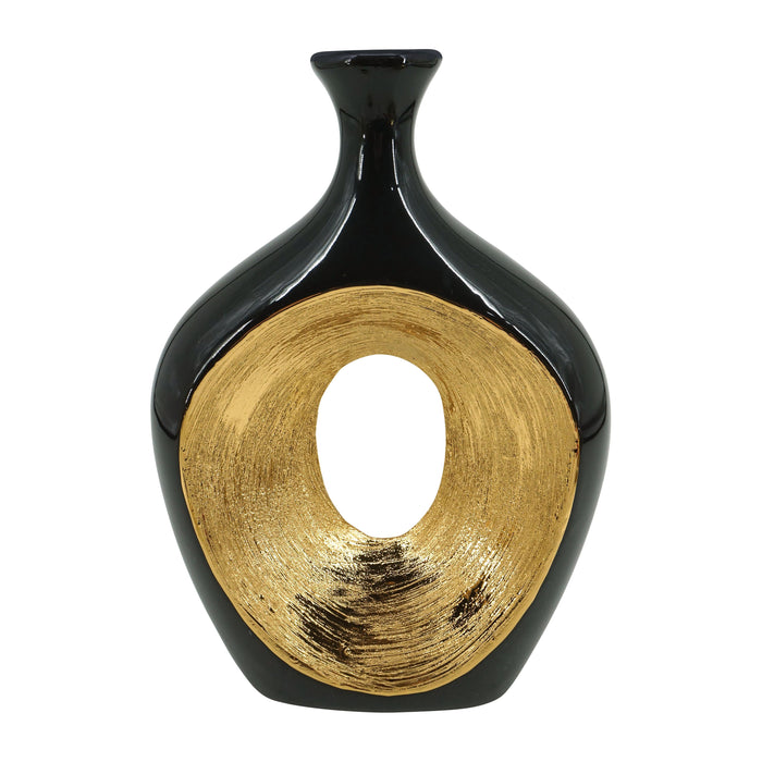 Ceramic 13" 2-Tone Scratched Oval Vase - Black/Gold