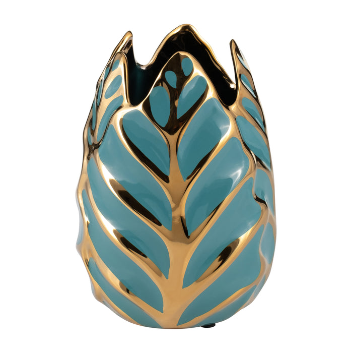 Ceramic Leaf Vase 8" - Turquoise / Gold