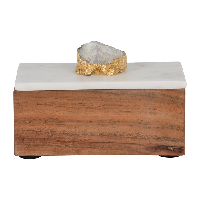 Marble 7" Clear Agate Cluster And Wood Base Box - Natural