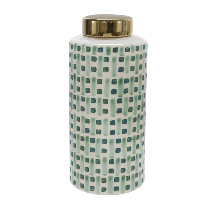 Ceramic 13" Jar With Gold Lid - Green/White