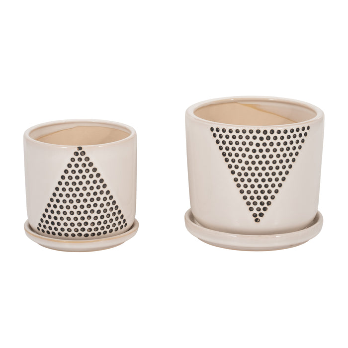 Triangle Dots Planter With Saucer 5 / 6" (Set of 2) - White