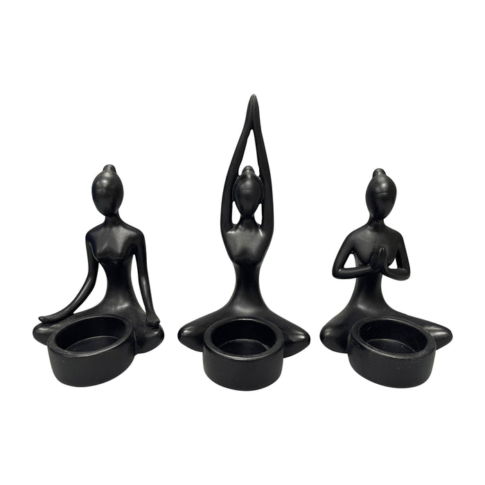 (Set of 3) 7" Resin Yoga Women Tealight Holder - Black