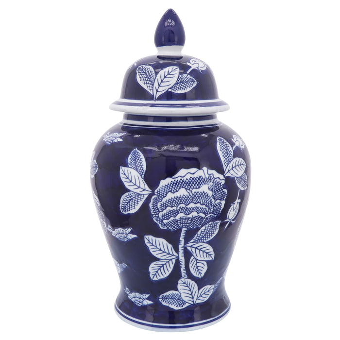 Ceramic Flower Temple Jar 18" - White / Blue