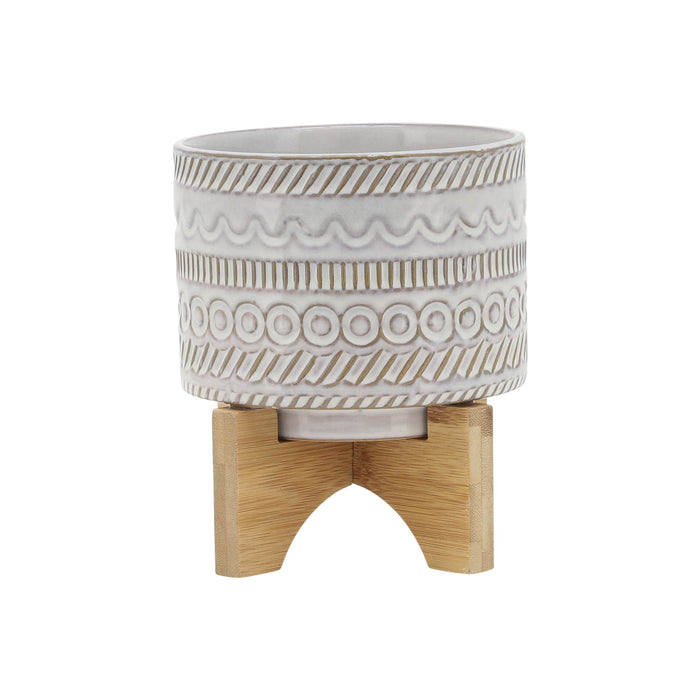 Tribal Planter With Wood Stand 5" - Beige