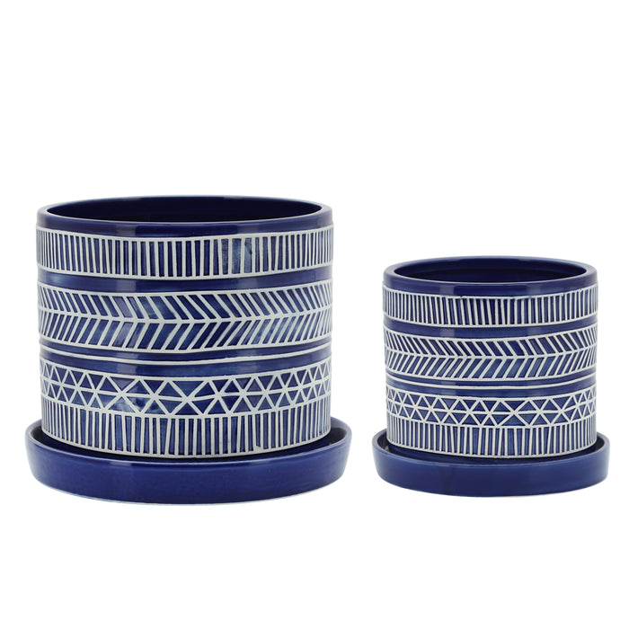 Tribal Planters With Saucer (Set of 2) - Blue