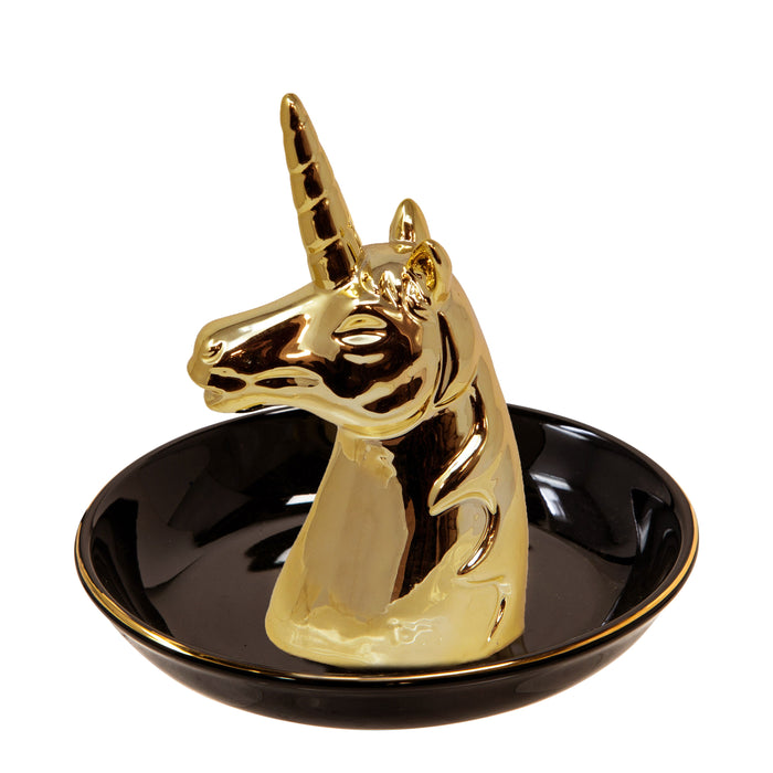Ceramic Unicorn Trinket Tray 6" - Black / Gold