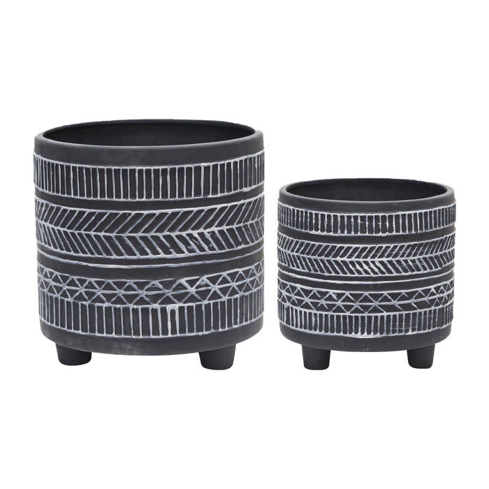 Tribal Look Footed Planter 6 / 8" (Set of 2) - Black