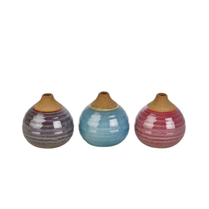 (Set of 3) Glazed Bud Vases - Purple/Blue/Pink