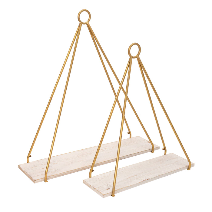 Metal / Wood Triangle Shelf 20 / 24" (Set of 2) - White / Gold
