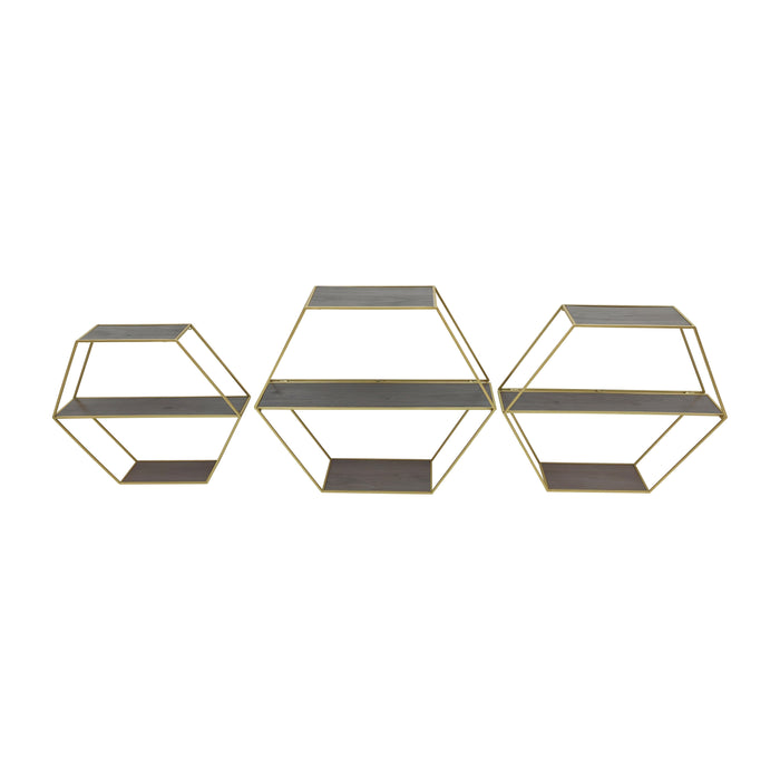 Hex Folding Wall Shelf (Set of 3) - Gold