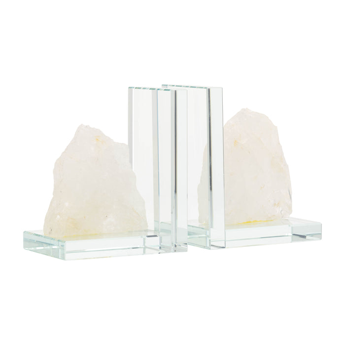 Glass (Set of 2) 5" Bookends With White Stone - Clear