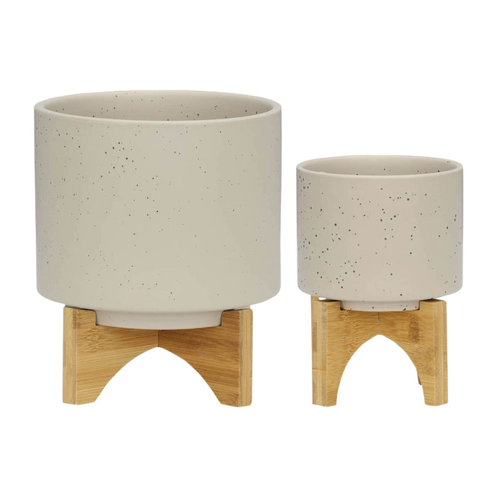 Planter With Wood Stand 5 / 8" (Set of 2) - Matte Beige