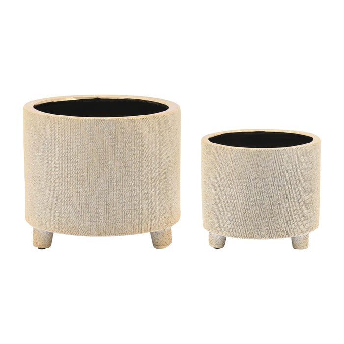 Ceramic Footed Scratched Planters 6/8" (Set of 2) - Champagne