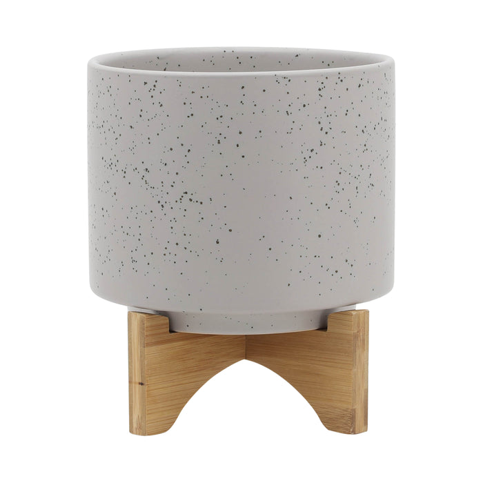Planter With Wood Stand 8" - Matte Beige