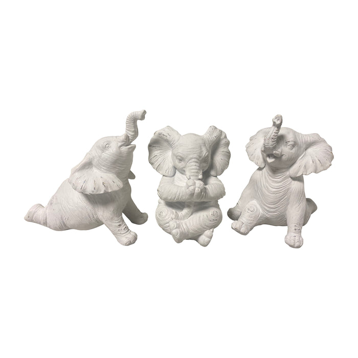 Resin Stone Look Yoga Elephant 6" (Set of 3) - White