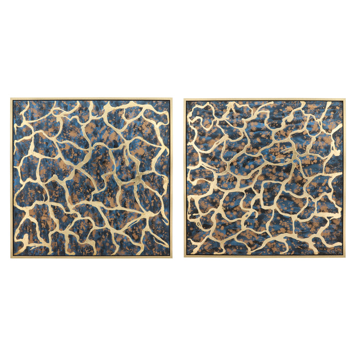 Abstract Canvas Ripples On Gold Frame 42 x 42" (Set of 2) - Blue