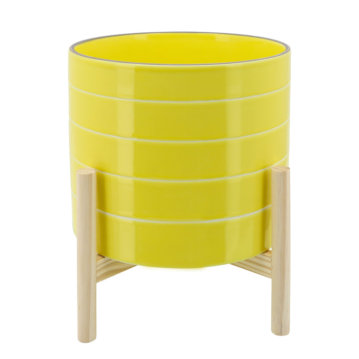 Striped Planter With Wood Stand 10" - Yellow
