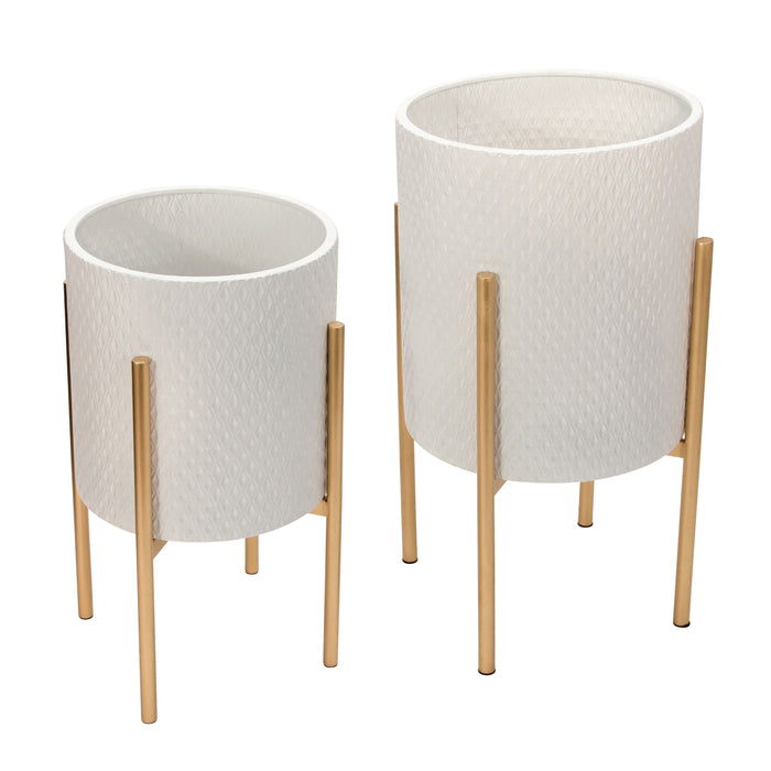 Textured Planter On Metal Stand (Set of 2) - White / Gold