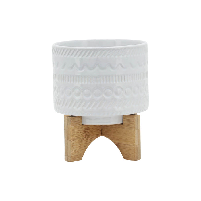 Tribal Planter With Wood Stand 5" - White