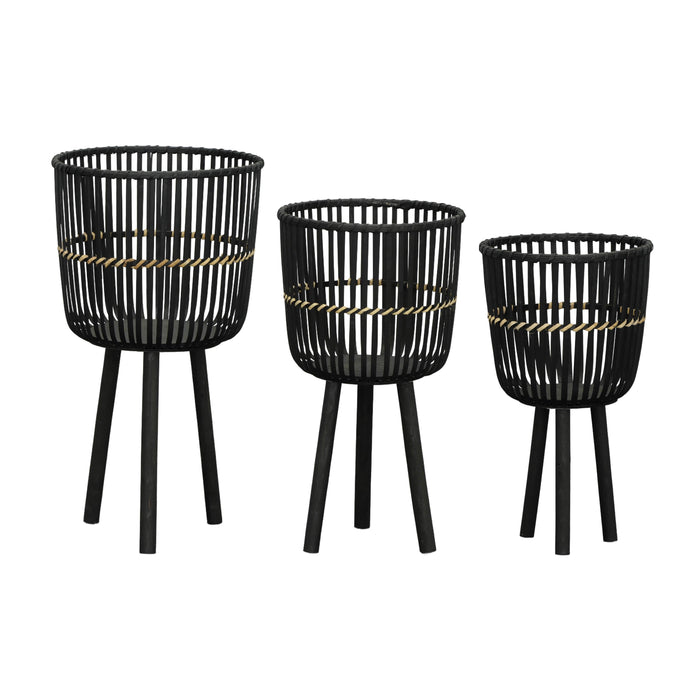 Bamboo Footed Planters 11 / 13 / 15" (Set of 3) - Black