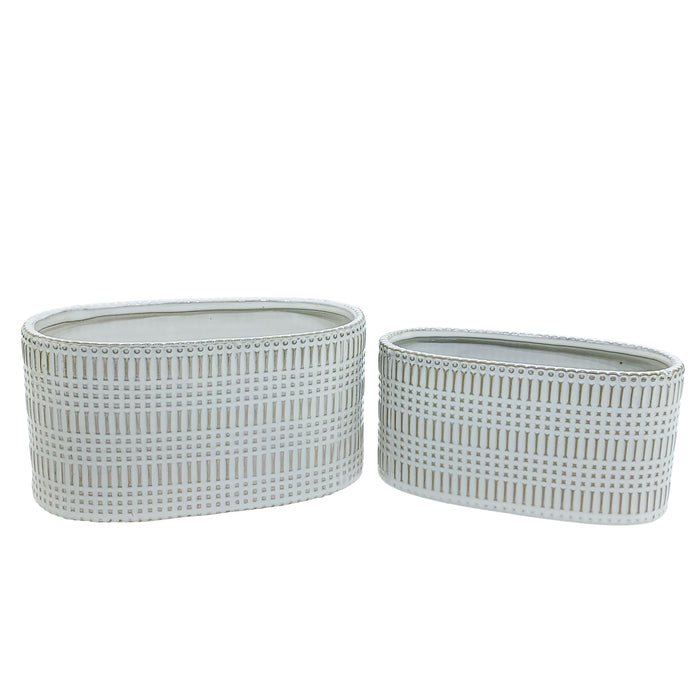 Ceramic Oval Lines Planter 9/10" (Set of 2) - Beige