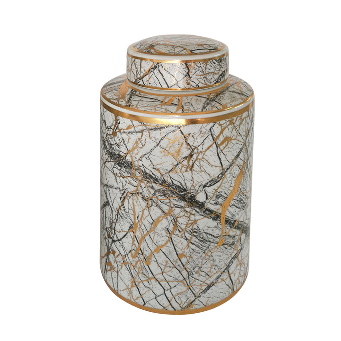 Ceramic Jar With Gold Lid 12" - White