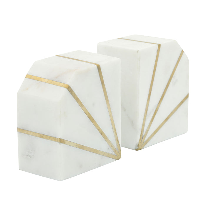 Marble Polished Bookends With Gold Inlays 5" (Set of 2) - White