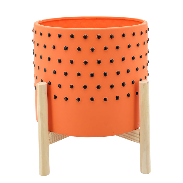 Dotted Planter With Wood Stand 10" - Orange