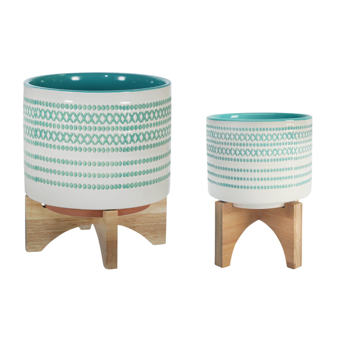 Ceramic Planter On Stand With Dots 5 / 8" (Set of 2) - Turq