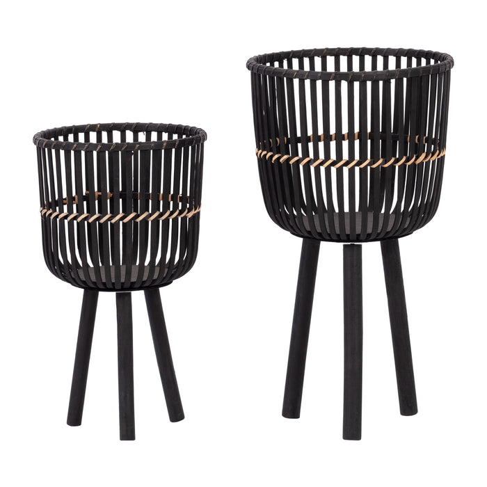 Bamboo Footed Planters 10 / 12" (Set of 2) - Black