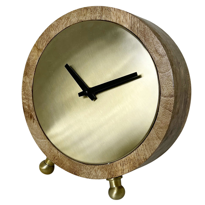 Wood Round Gold Face Table Clock 7"