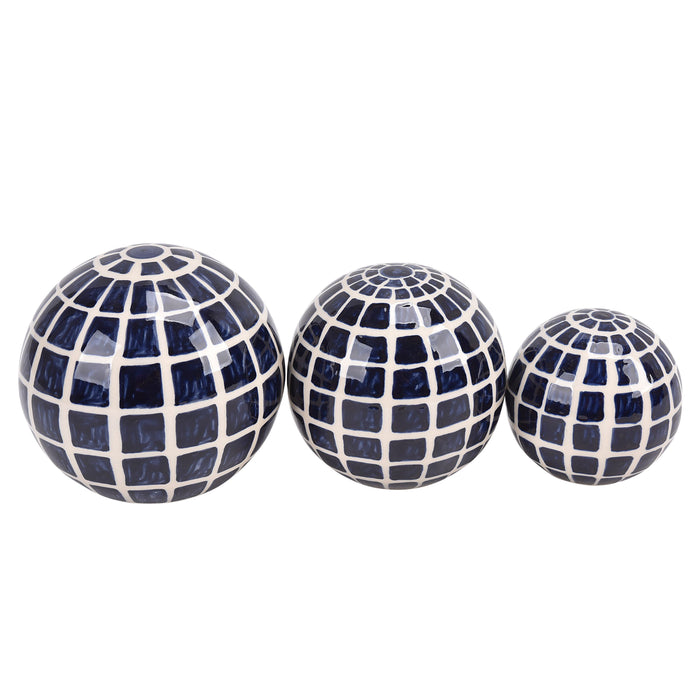 Ceramic Checkered Orbs 4/5/6" (Set of 3) - Blue
