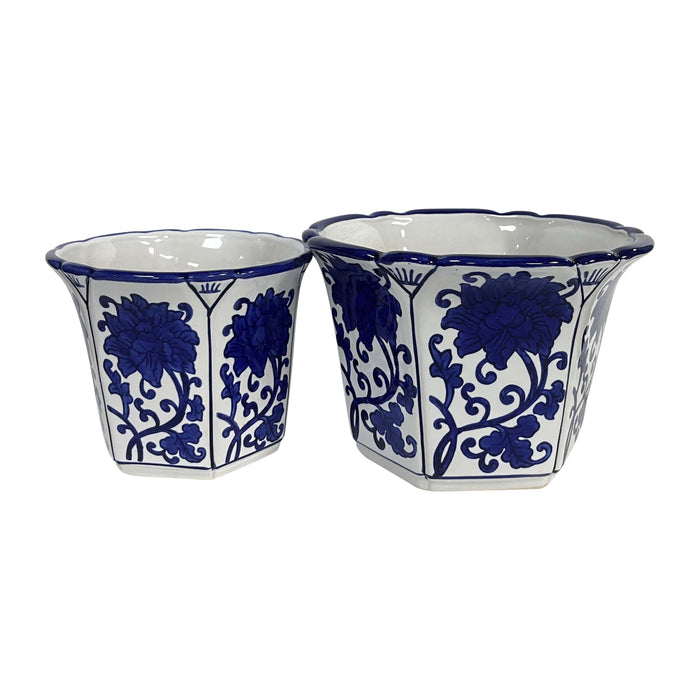 Fluted Chinoiserie Planters (Set of 2) - Blue / White
