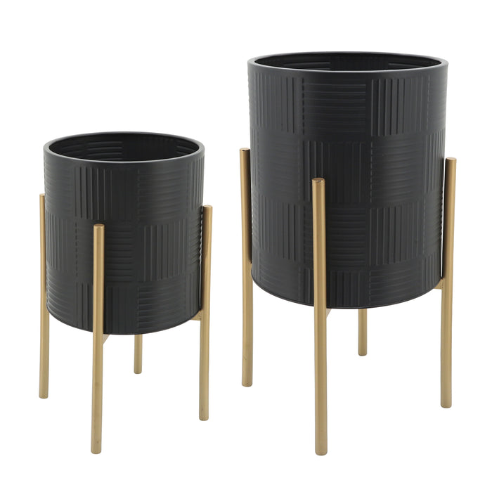 Planter With Lines On Metal Stand (Set of 2) - Black / Gold