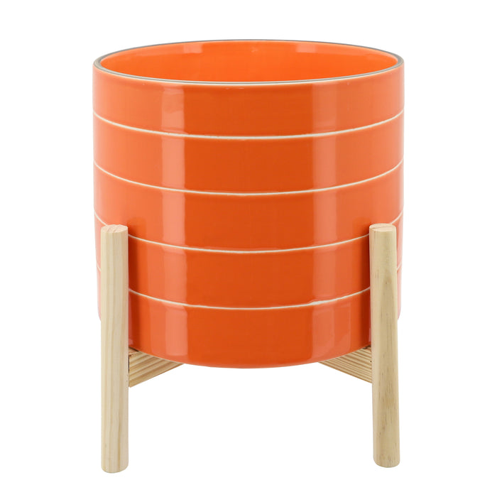 Striped Planter With Wood Stand 10" - Orange